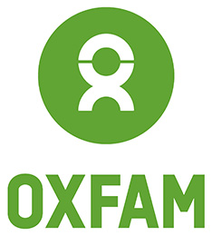 Green and white Oxfam logo with stylized person and "OXFAM" in circular design.