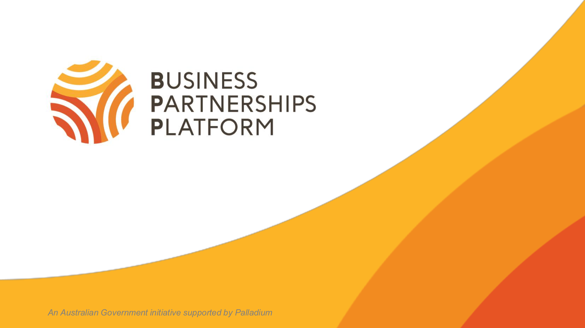 Australian Government's logo for Business Partnerships Platform, backed by Palladium, on white background with orange and yellow curved lines in corner.