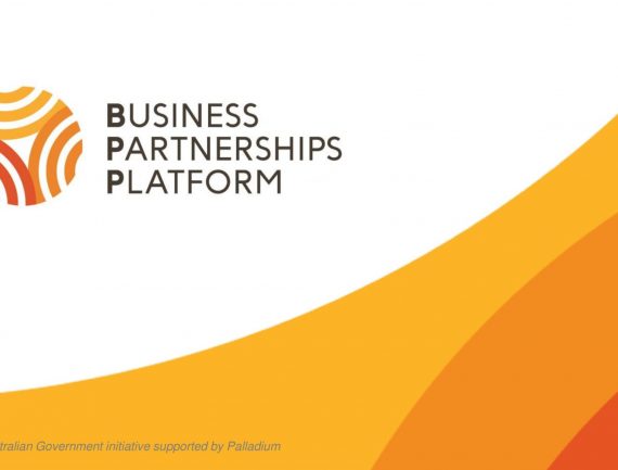 Business Partnerships Platform logo on white background with orange and yellow rings and curved lines, supported by Palladium, Australian Govt initiative.