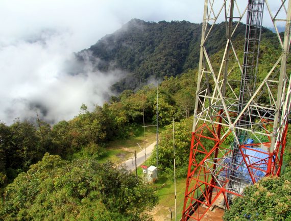 Cell tower on green misty mountain, surrounded by lush forest and winding road.