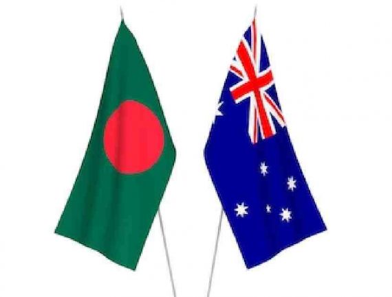 Flags of Bangladesh (green, red circle) and Australia (blue, Union Jack, white stars) displayed on flagpoles.