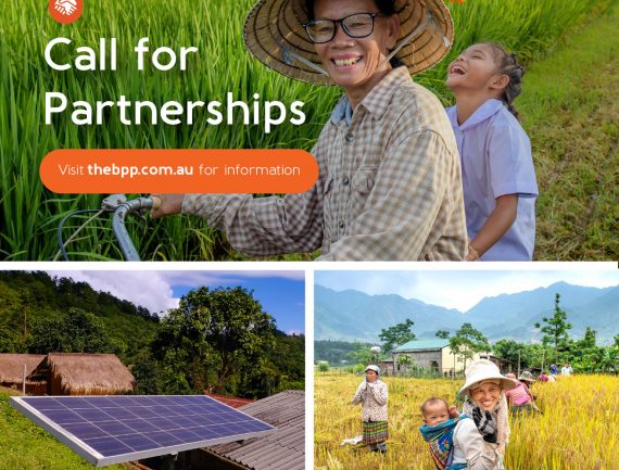 Collage of rural life in Southeast Asia, featuring people, traditional houses, and rice fields. Promotes a business partnership opportunity for working with rural communities.