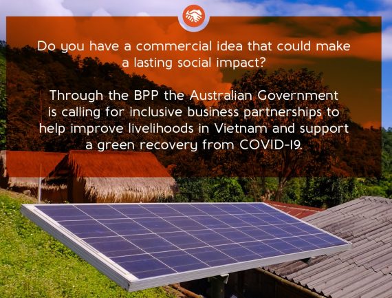 Thatched-roof solar panel in rural village promotes Australian Govt's BPP program for sustainable development in Vietnam.