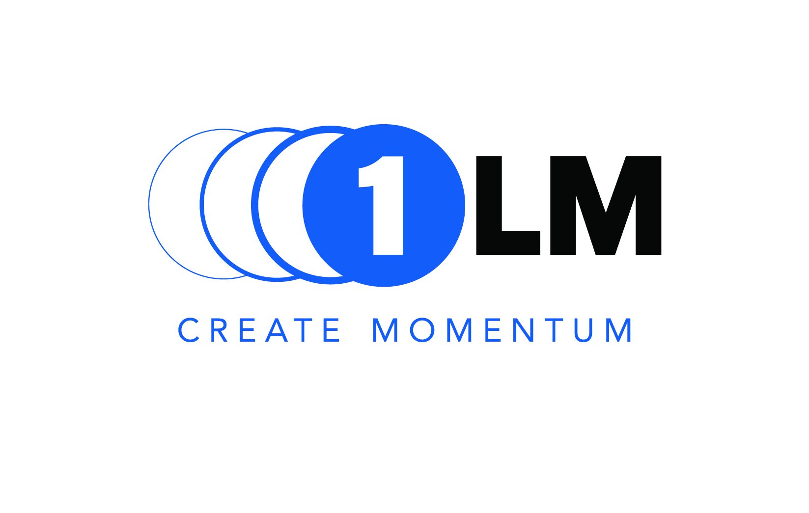 Blue circle logo with "1 LM" above "CREATE MOMENTUM" in blue, implying speed and growth.