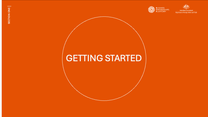 White circle featuring "GETTING STARTED" text with Business Partnerships Platform logo.